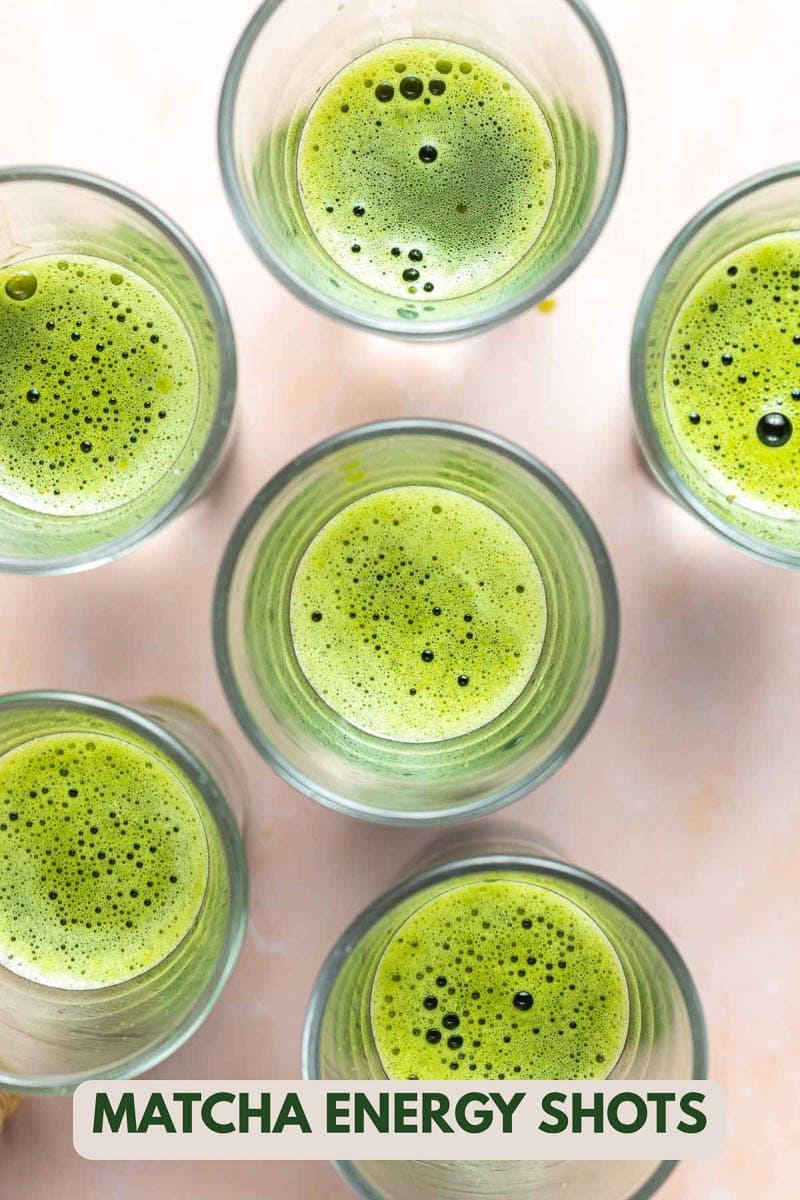 An overhead view of matcha energy shots