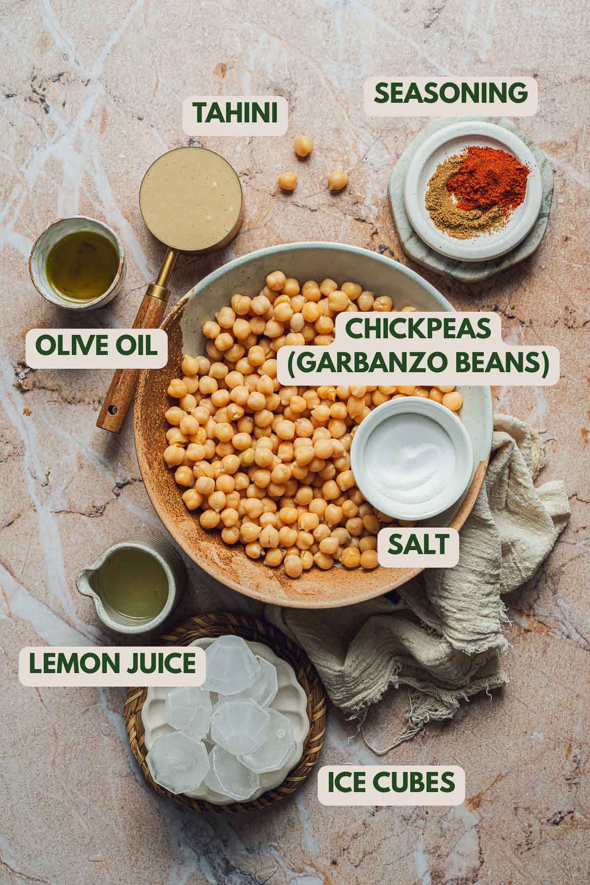 All ingredients needed to make no garlic hummus