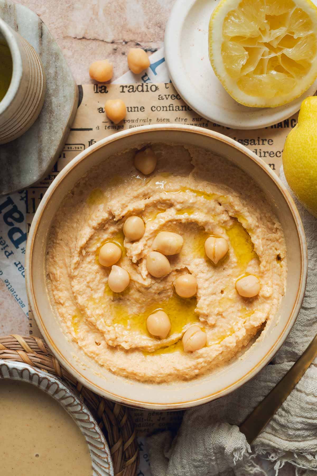 No garlic hummus in a small bowl